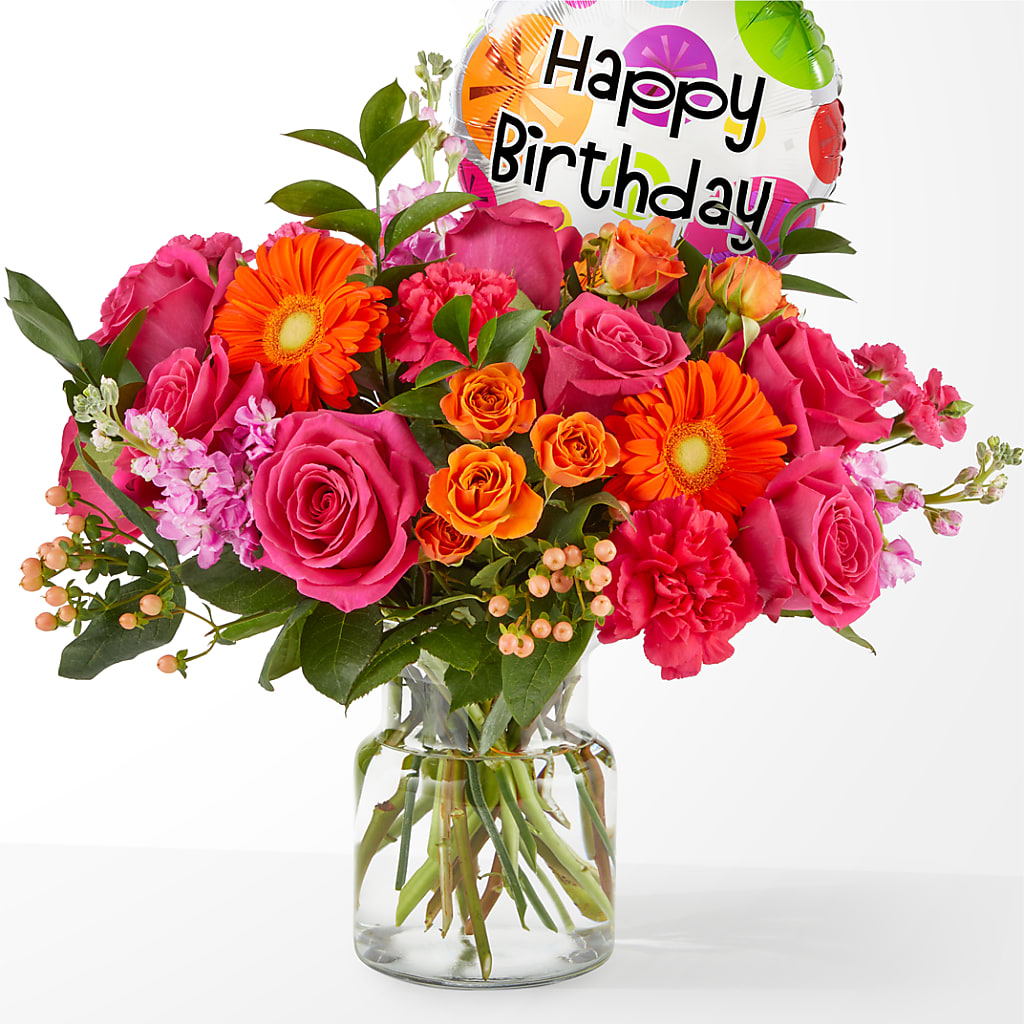 Fiesta Bouquet with Birthday Balloon – MARYCEL'S FLOWERS, Clifton NJ