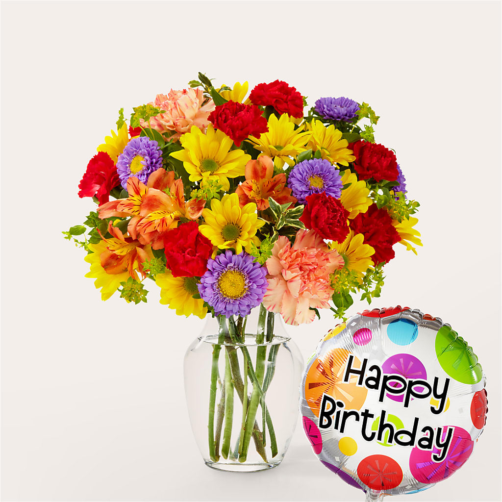 Kaleidoscope Bouquet with Birthday Balloon – MARYCEL'S FLOWERS, Clifton NJ